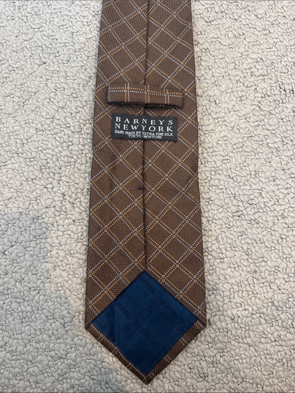 Barneys New York Brown Checked Silk Tie with Blue Tip